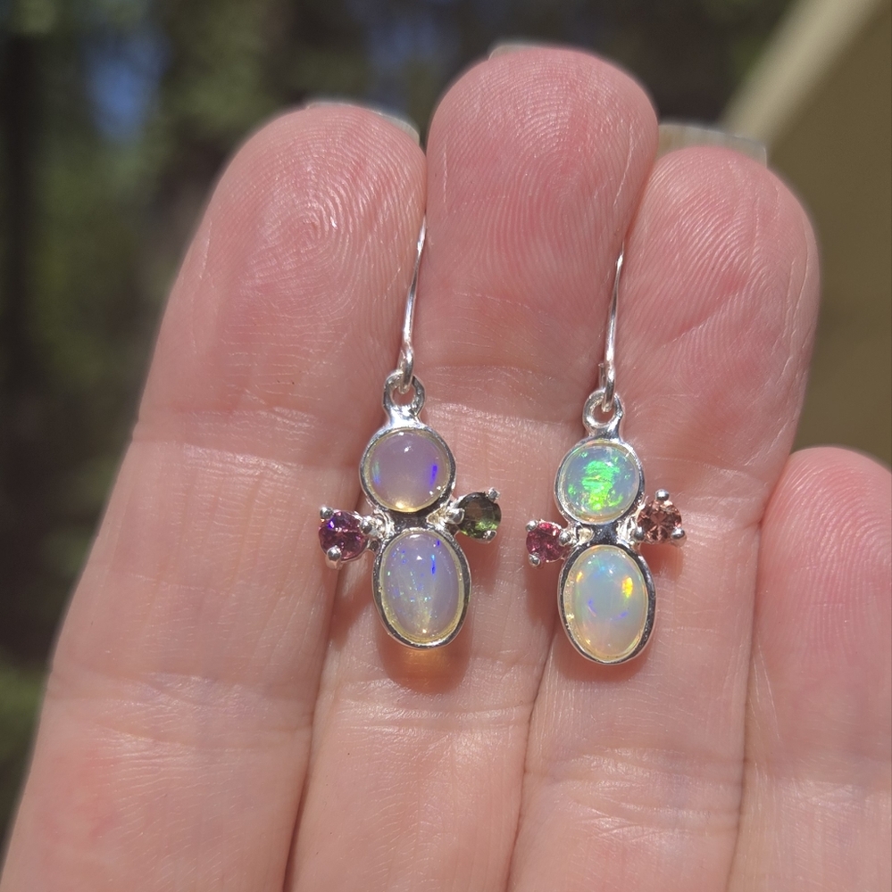 Opal 3k Each & Tourmaline Natural Gemstone Sterling Earrings - Picture 5 of 10